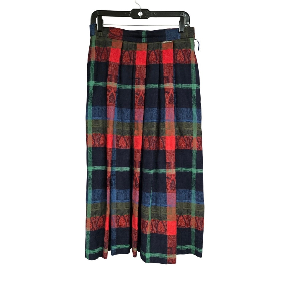 Geiger Austria Pure New Wool Plaid Jacquard Pleated Midi Skirt Boho VTG Sz 40